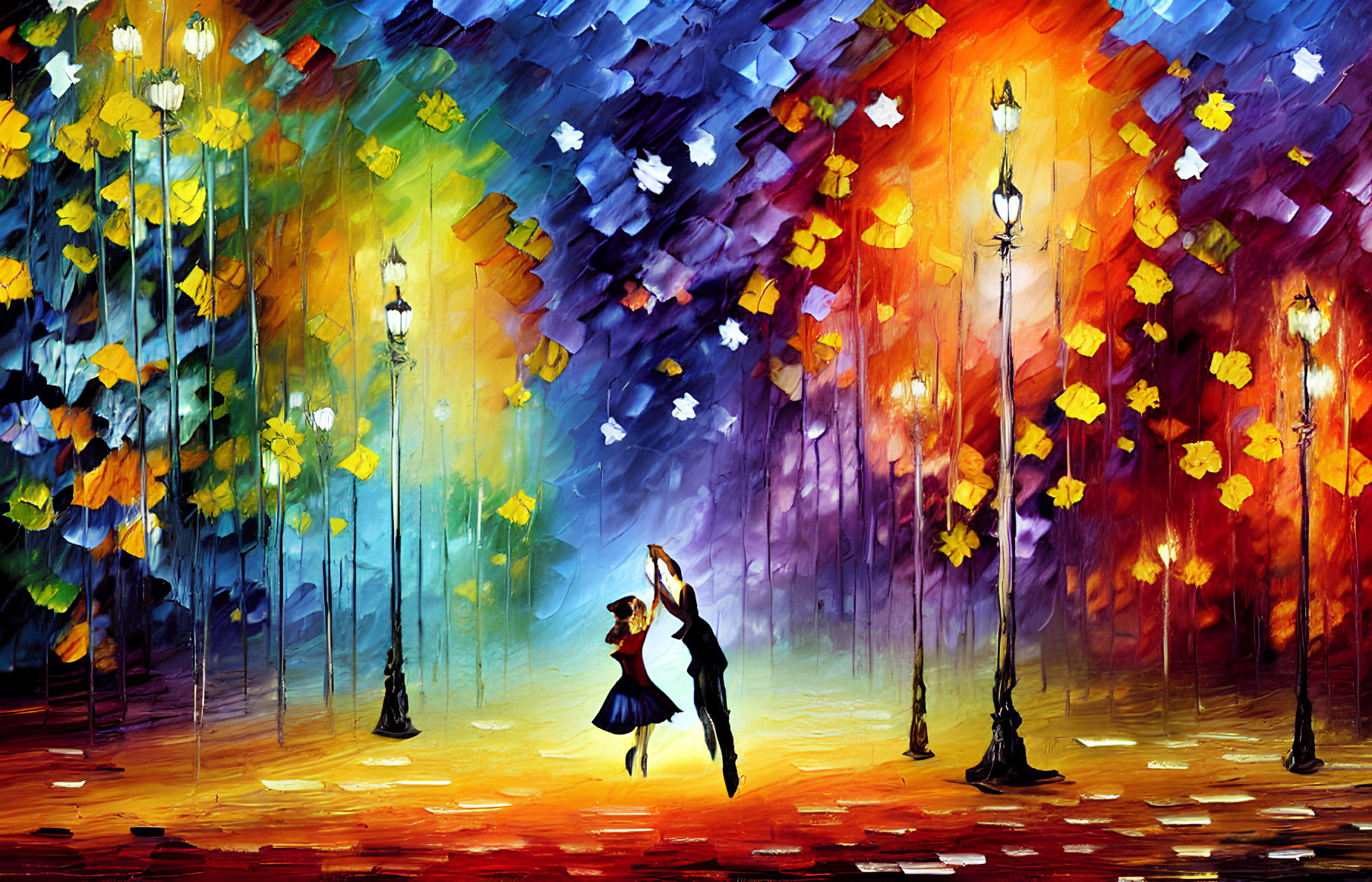 Impressionistic painting of couple dancing under lamplight