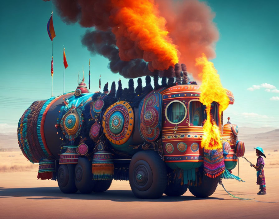 Colorful ornate vehicle in desert with person in traditional attire observing