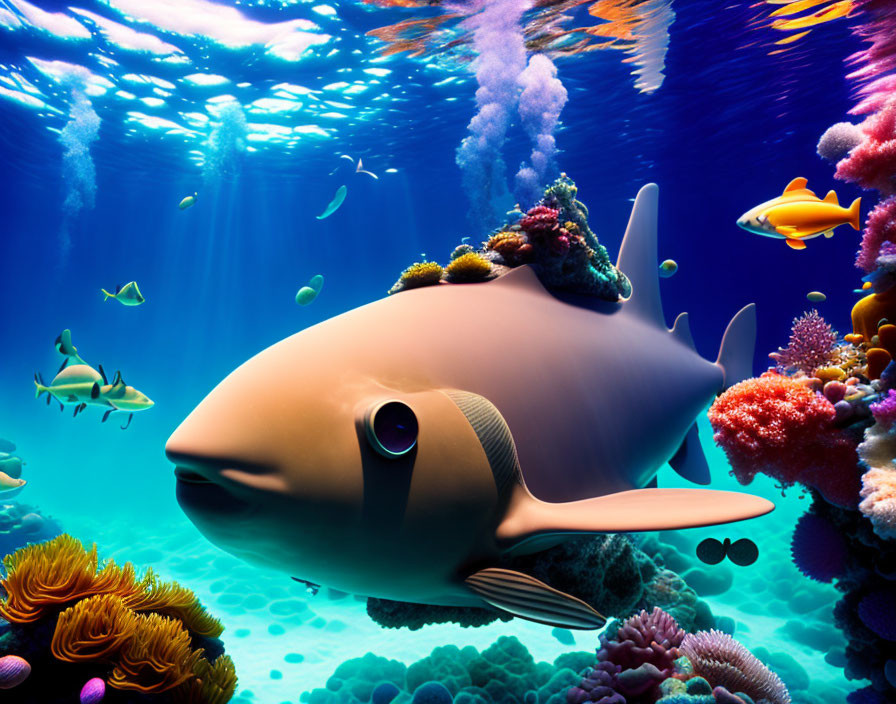 Vibrant underwater scene with fish-shaped submarine, coral reefs, and small fish