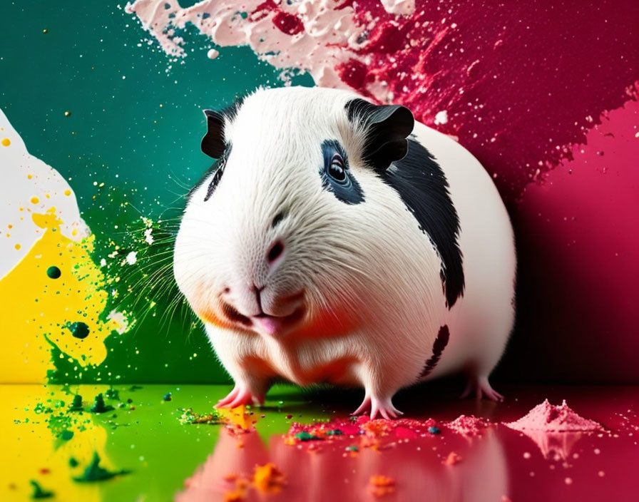 Tricolor guinea pig on vibrant paint-splattered background