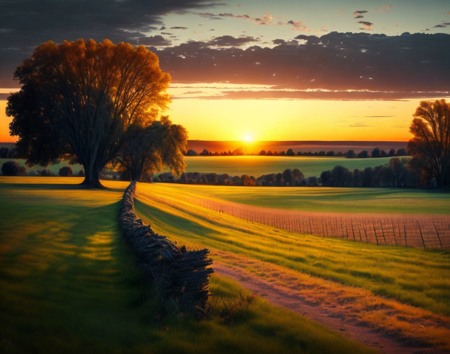 Tranquil sunset over pastoral landscape with large tree and wooden fence