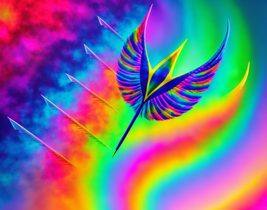 Colorful Abstract Art: Neon Leaf Shape on Rainbow Swirl Background