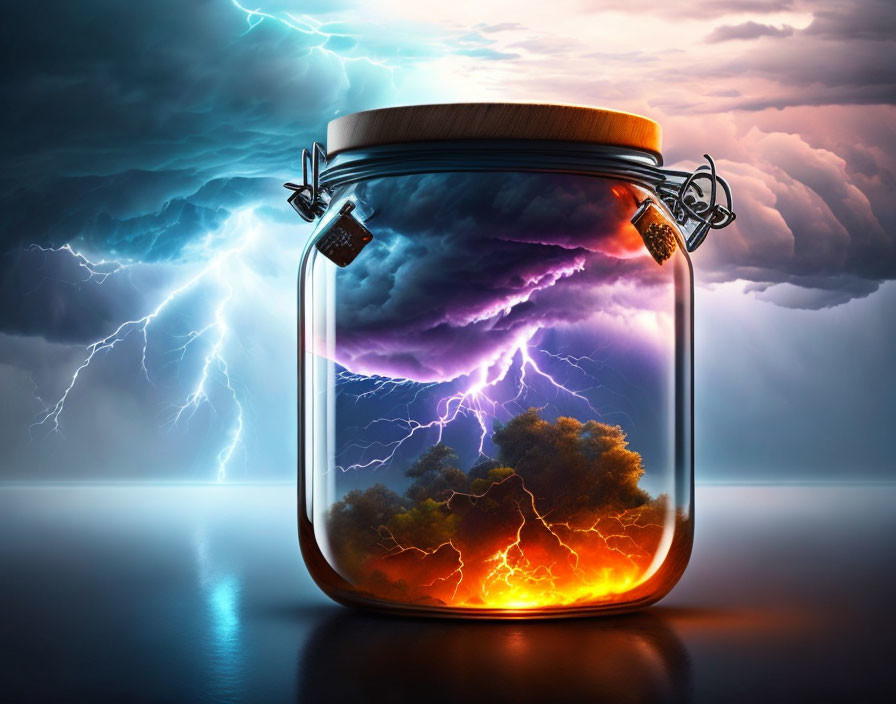 Glass jar with lightning bolts and orange tree in stormy sky.