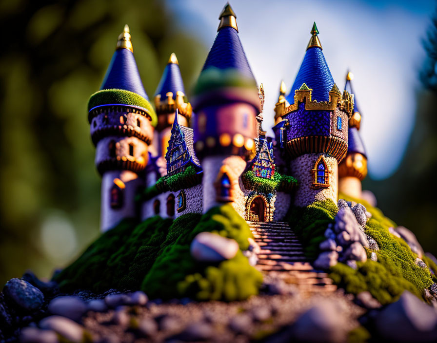 Miniature fantasy castle with blue turrets in lush green landscape