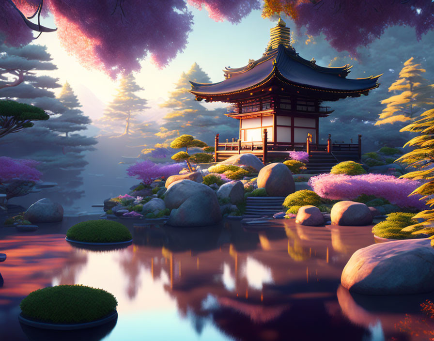 Tranquil Asian temple in lush flora by tranquil pond at sunset