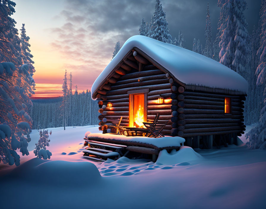 Snowy forest log cabin with lit fireplace in dusk landscape