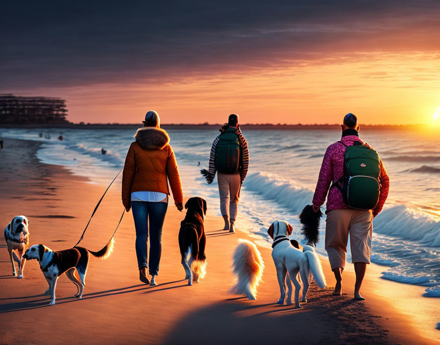 Group of people and dogs walking on beach at sunset with vibrant sky.