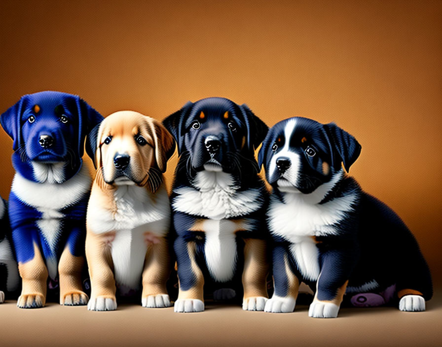 Five puppies with various coat colors on orange backdrop