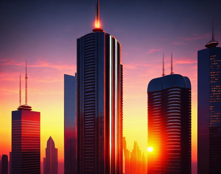 Urban skyline at sunset with vibrant orange sky and sunlight peeking through buildings