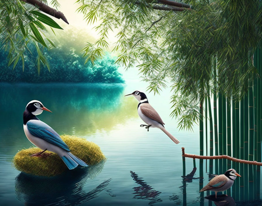 Stylized birds by tranquil lake with bamboo and lush foliage