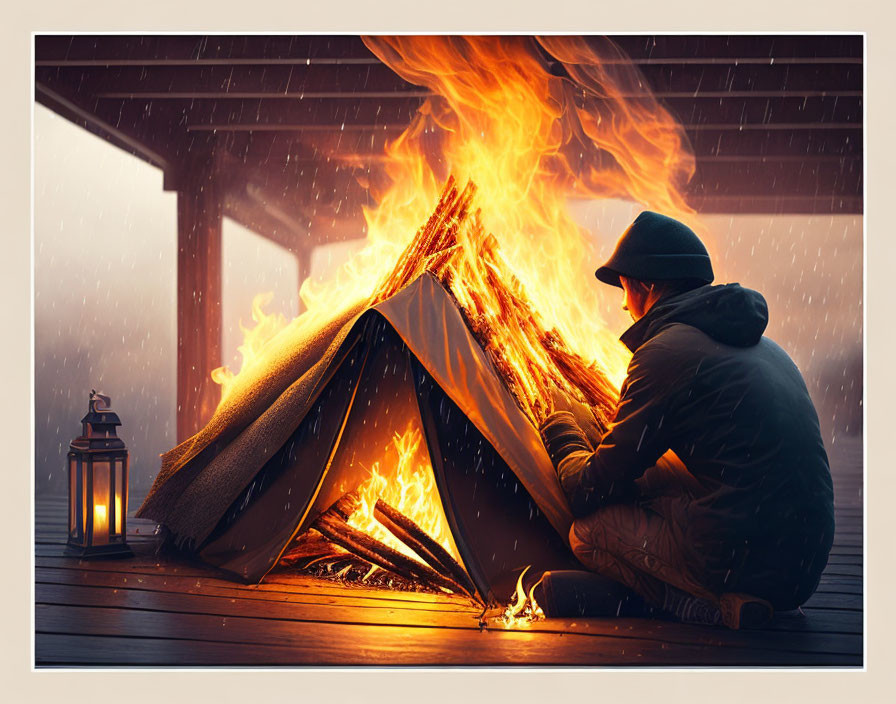 Person sitting by large campfire in snowfall with lantern, creating cozy atmosphere