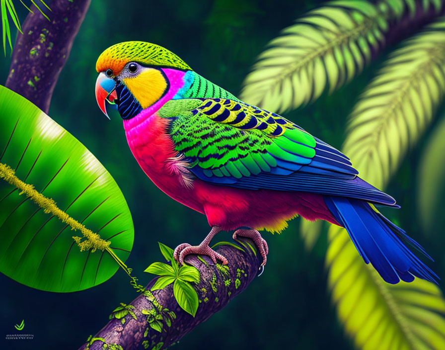 Colorful Parrot with Yellow Head, Green Wings, and Blue Tail on Branch