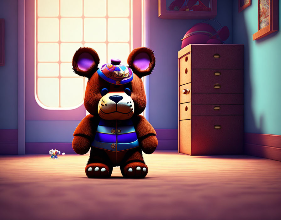 Colorful Outfit Toy Bear in Warmly Lit Child's Room