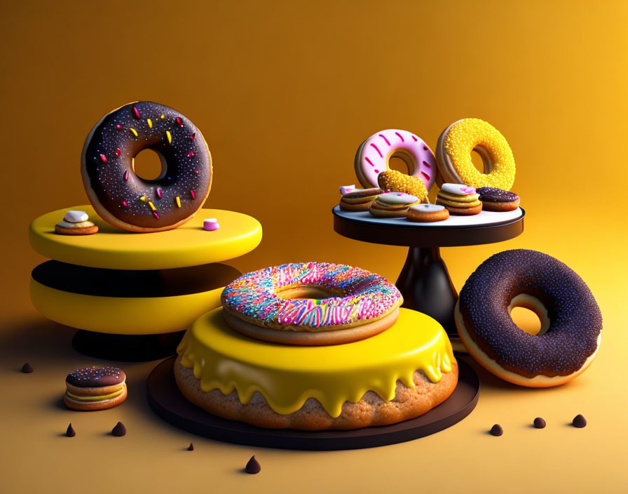 Vibrant stylized donuts with toppings on platforms against yellow backdrop