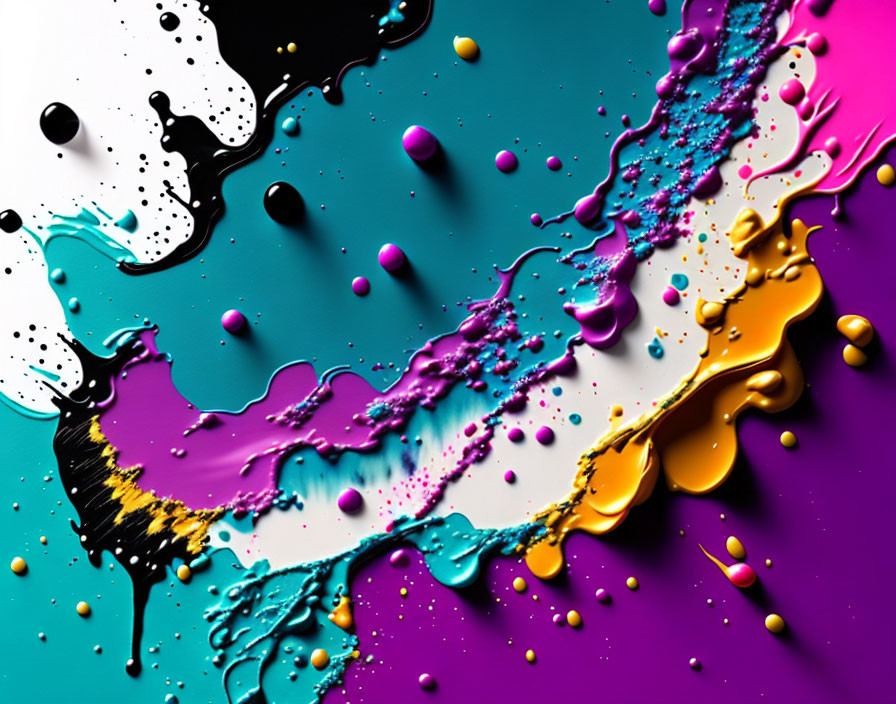 Colorful Abstract Painting with Vibrant Pink, Blue, Yellow, and Black Splashes