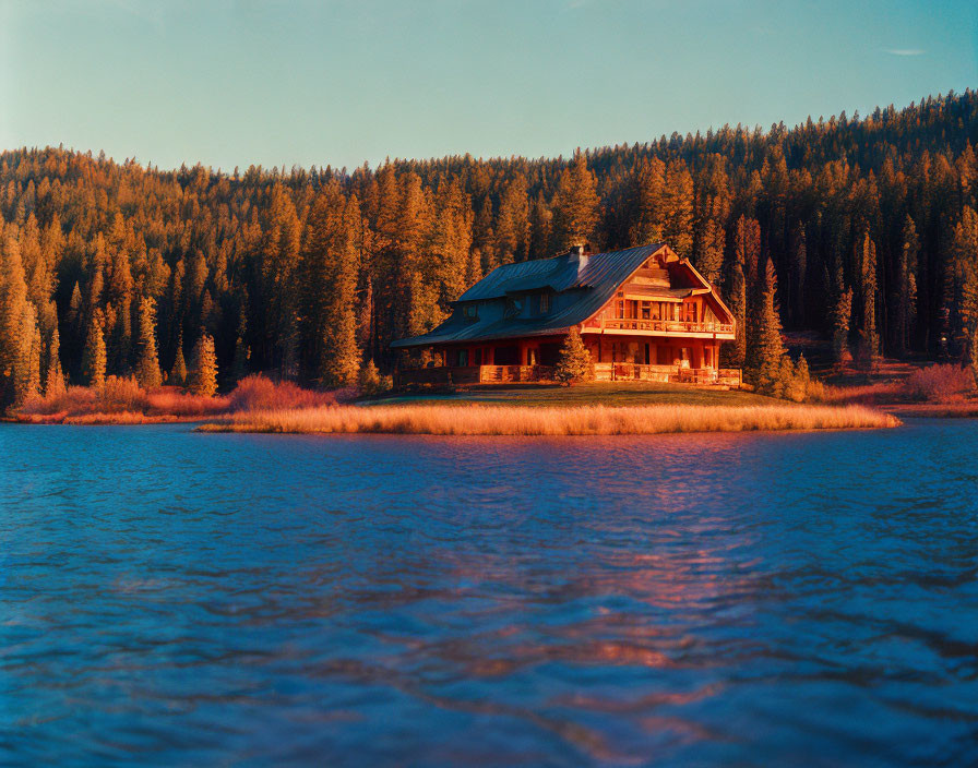 Tranquil Lakefront Scene with Wooden Cabin and Pine Trees