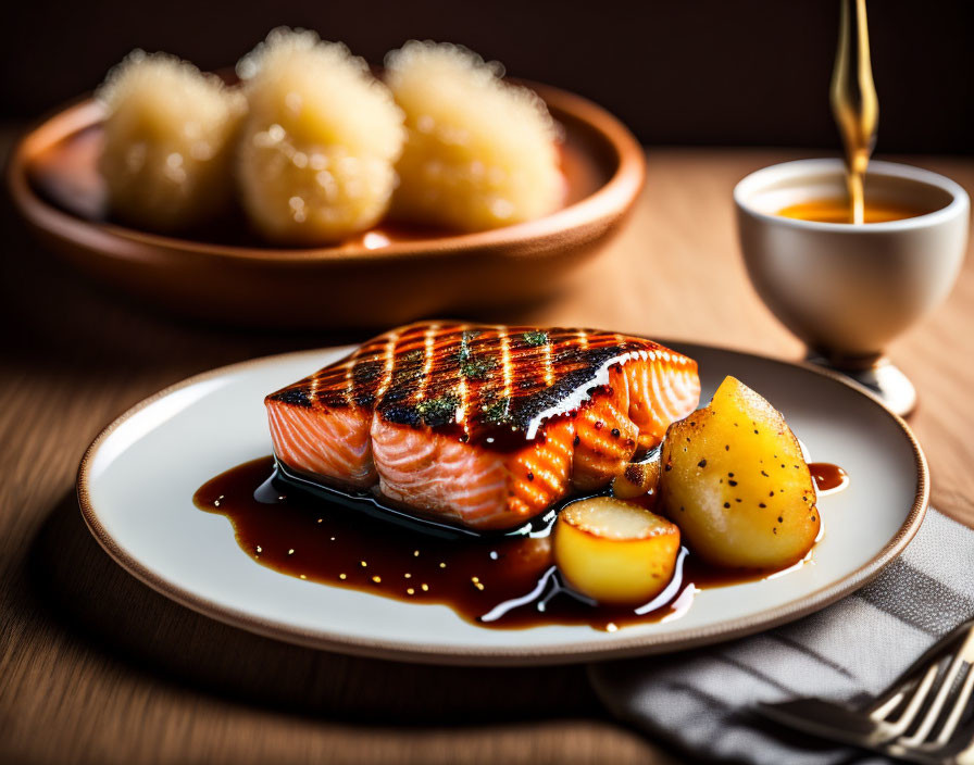 Grilled Salmon with Glaze and Potatoes on Elegant Plate