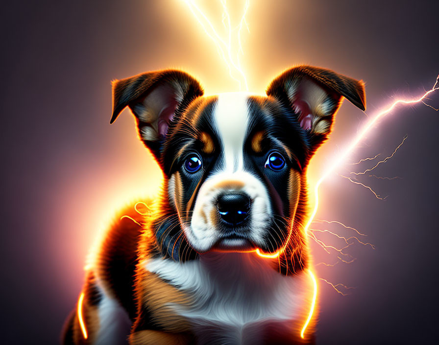 Glowing outlined puppy with electric sparks on dark background.