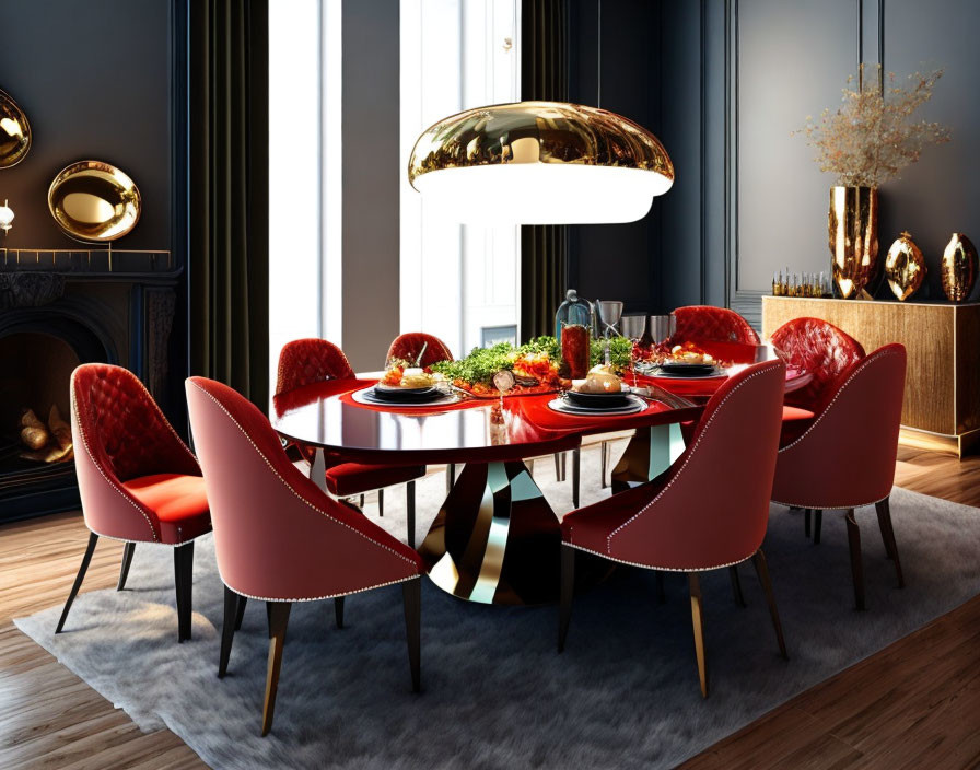 Sophisticated dining room with red circular table, plush chairs, pendant light, dark walls, and