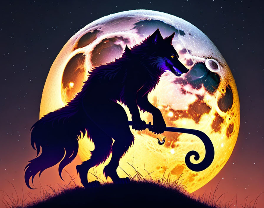 Silhouetted wolf on hill under full moon, stars, and nebula