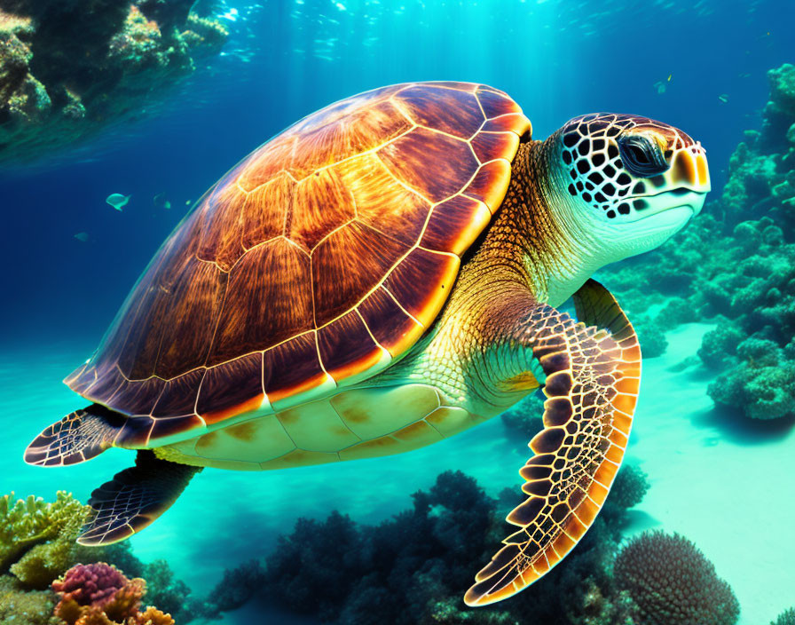 Colorful Sea Turtle Swimming Above Coral Reef in Sunlit Water