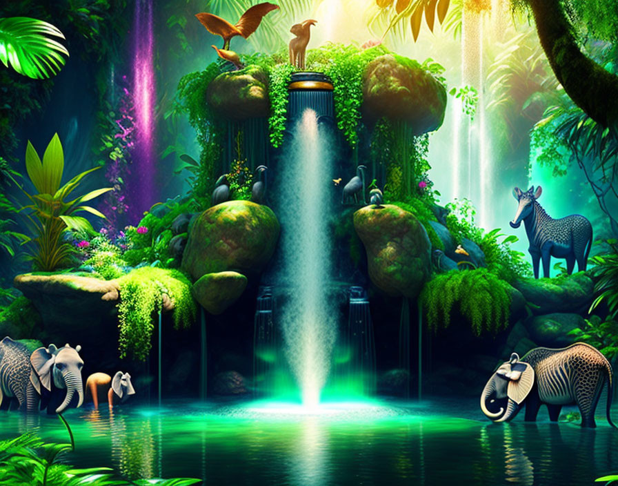 Vibrant jungle scene with waterfall, animal statues & lush vegetation