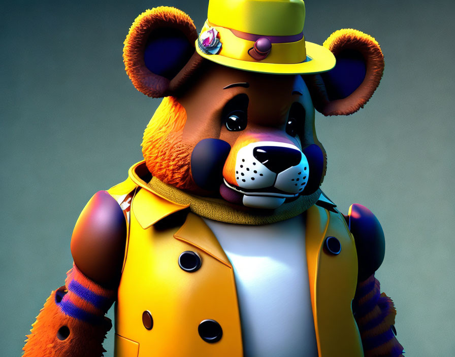 Stylized 3D illustration of bear in yellow detective outfit