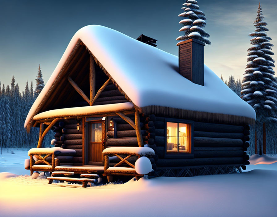 Snow-covered log cabin in tranquil winter forest at dusk