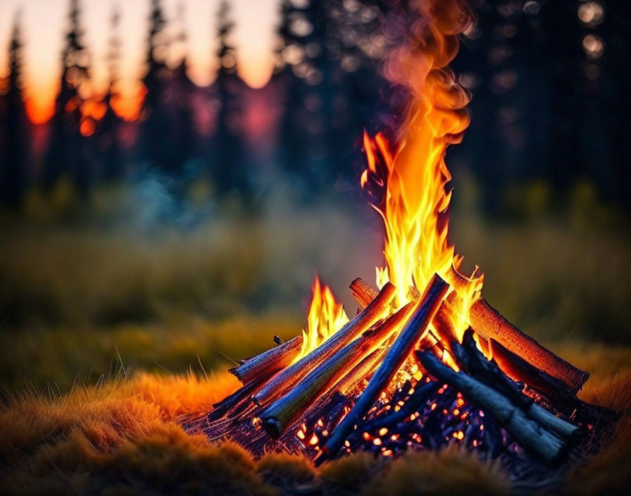 Vibrant campfire amid golden field and sunset-lit woods