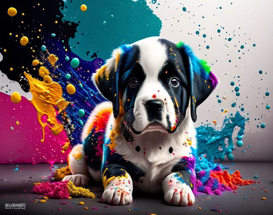 Colorful Paint Splashed Puppy on Dark Background