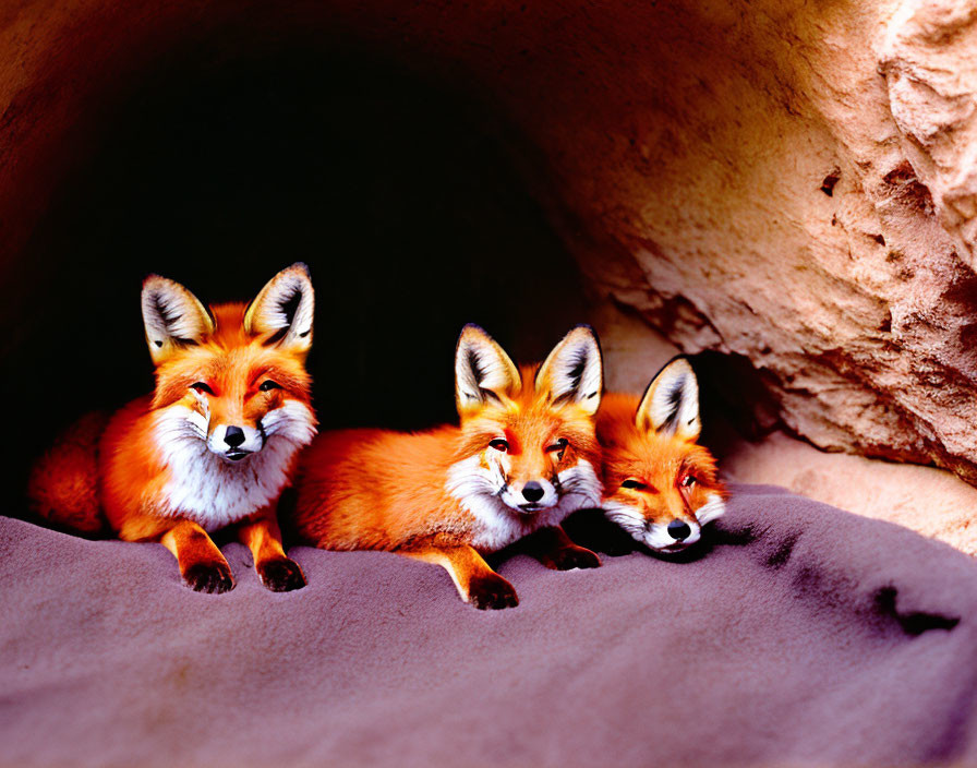 Three red foxes lounging in a sandy cave with one fox looking at the camera.