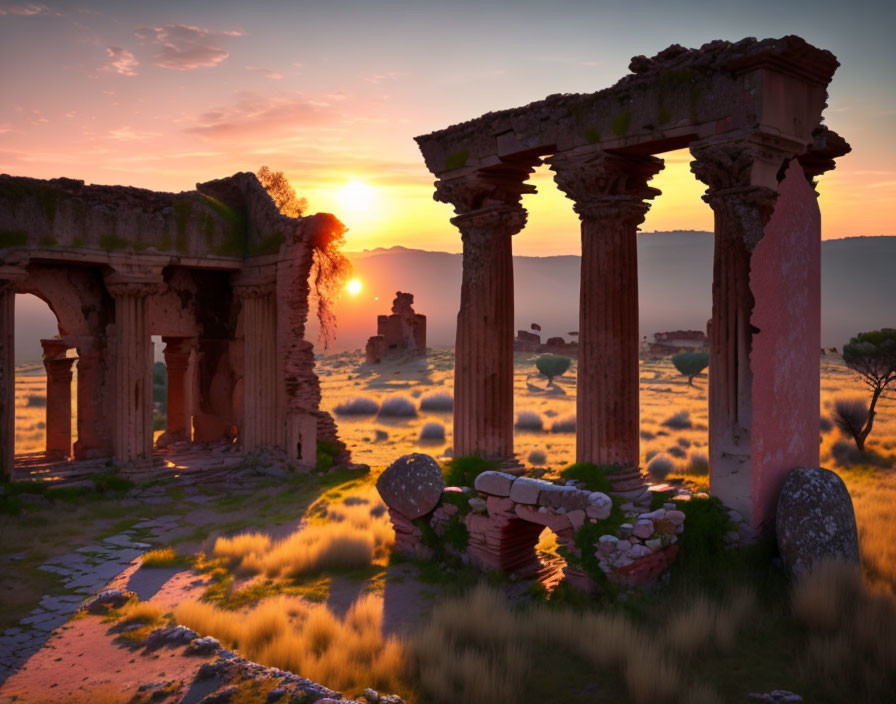 Ancient ruins at sunset with warm light and serene landscape.