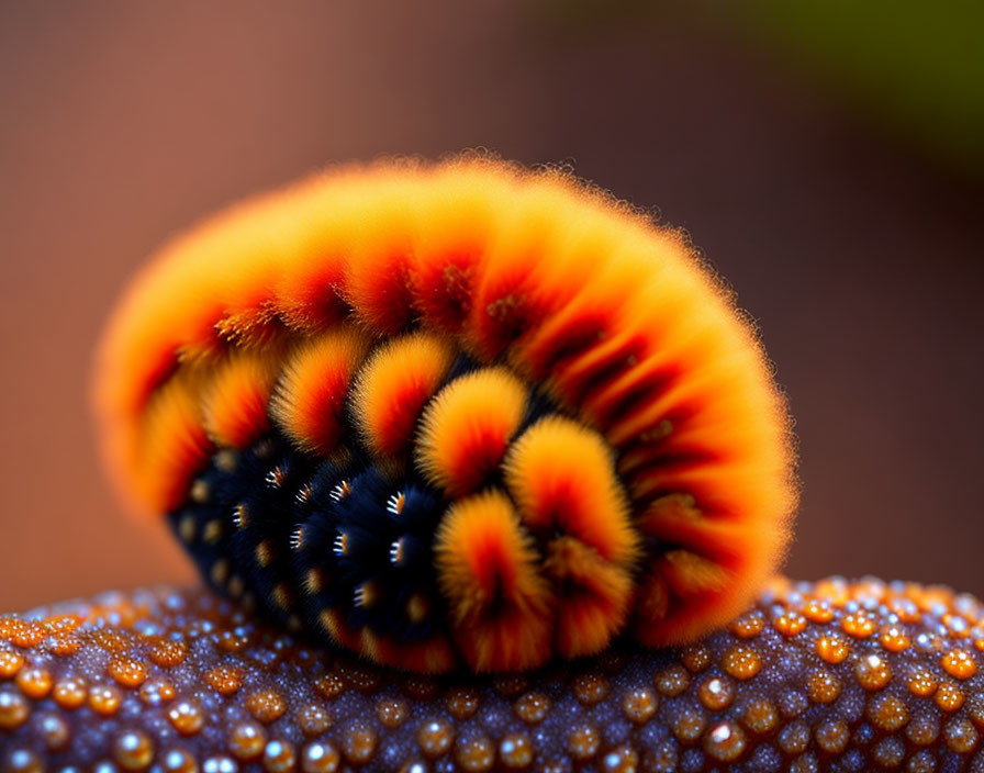 Vibrant orange-and-black caterpillar on dew-covered brown surface