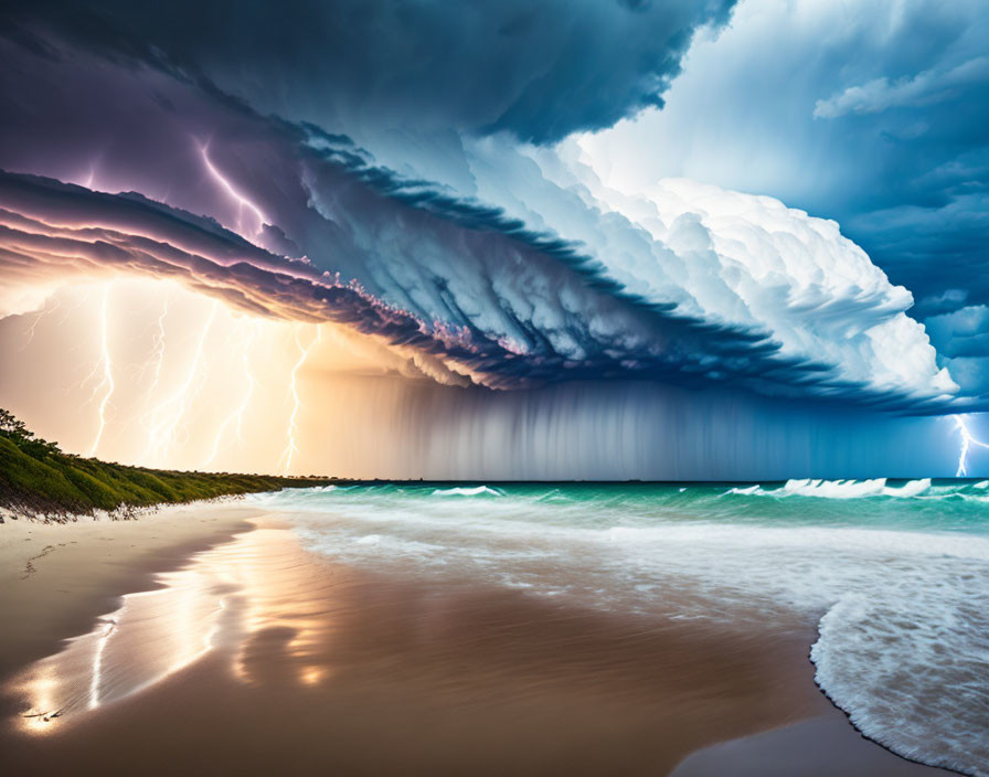 Dramatic beach thunderstorm with lightning strikes & turbulent waves