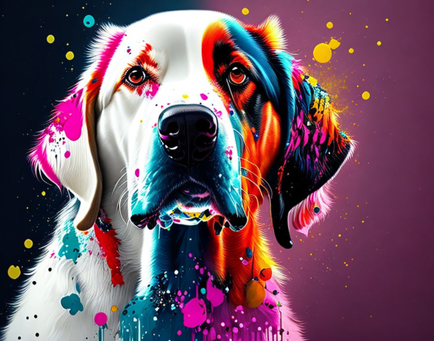 Colorful Dog Art with Paint Splatter on Dark Background