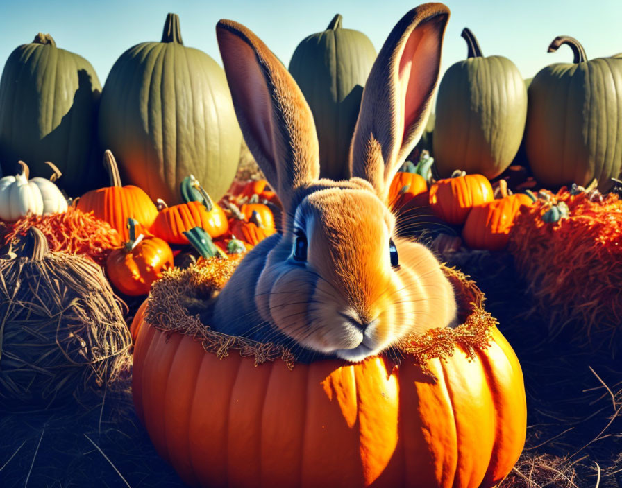 Rabbit in pumpkin surrounded by gourds under warm sunlight