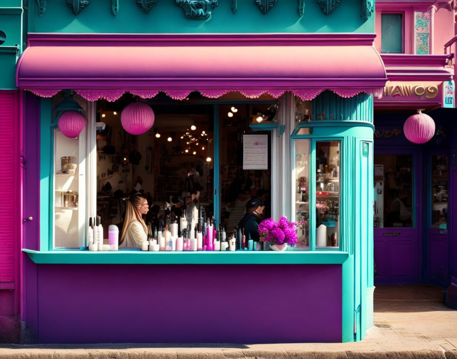 Purple-themed cafe facade with open window and customers inside.