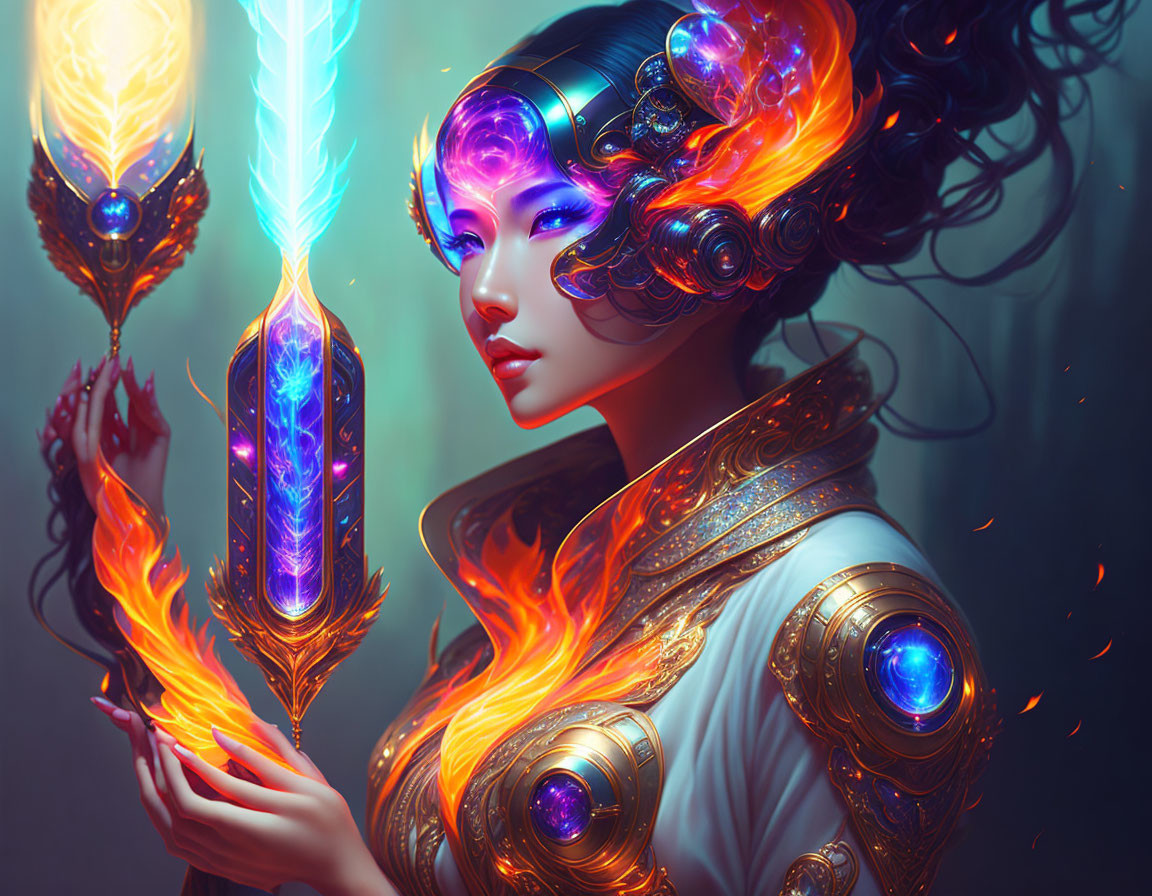 Fantasy illustration of woman in glowing ornate armor with luminous staff