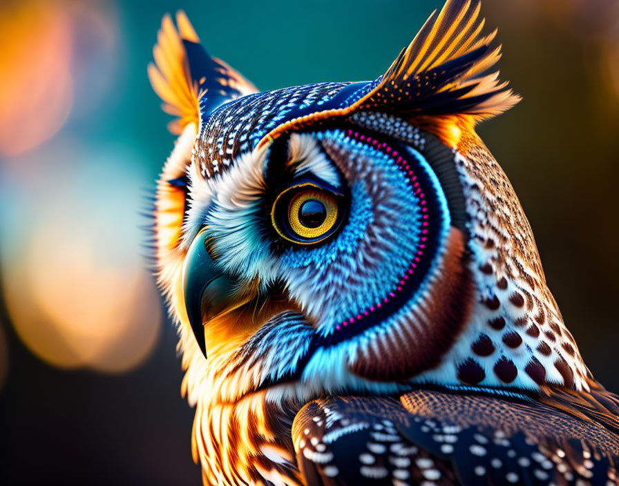 Colorful Owl Digital Art with Intricate Patterns and Bokeh Background