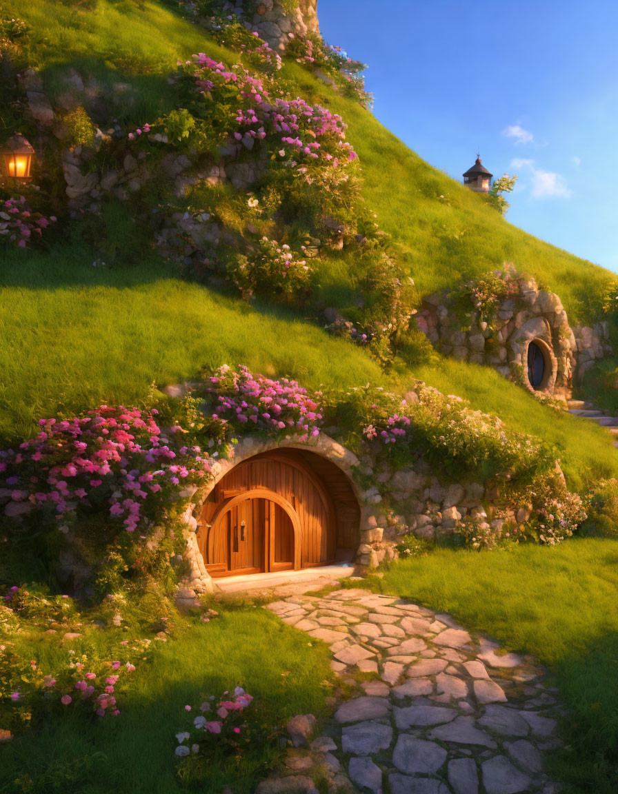 Cozy hobbit hole in lush green hill with pink flowers and glowing lanterns