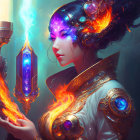 Fantasy illustration of woman in glowing ornate armor with luminous staff