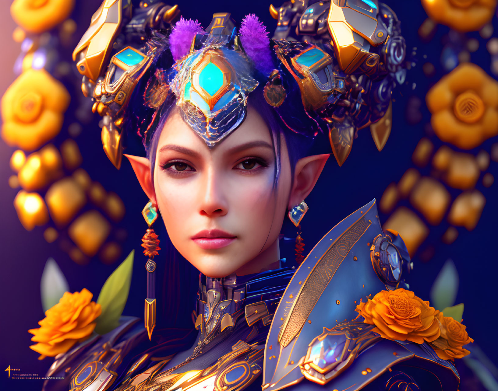 Digital artwork: Woman in golden armor with purple gemstones, surrounded by orbs and flowers