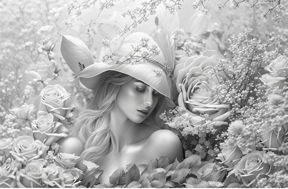 Monochromatic image: Serene woman with wide-brimmed hat and flowers