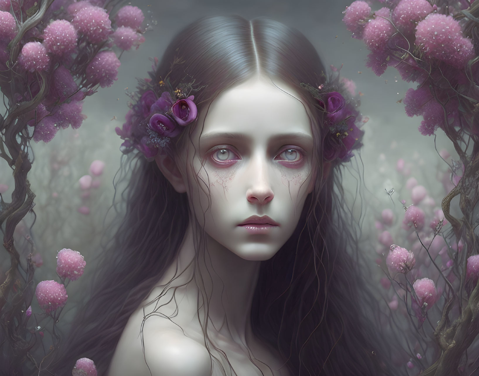 Long-haired girl in somber setting with pink blossoms and flowers in hair