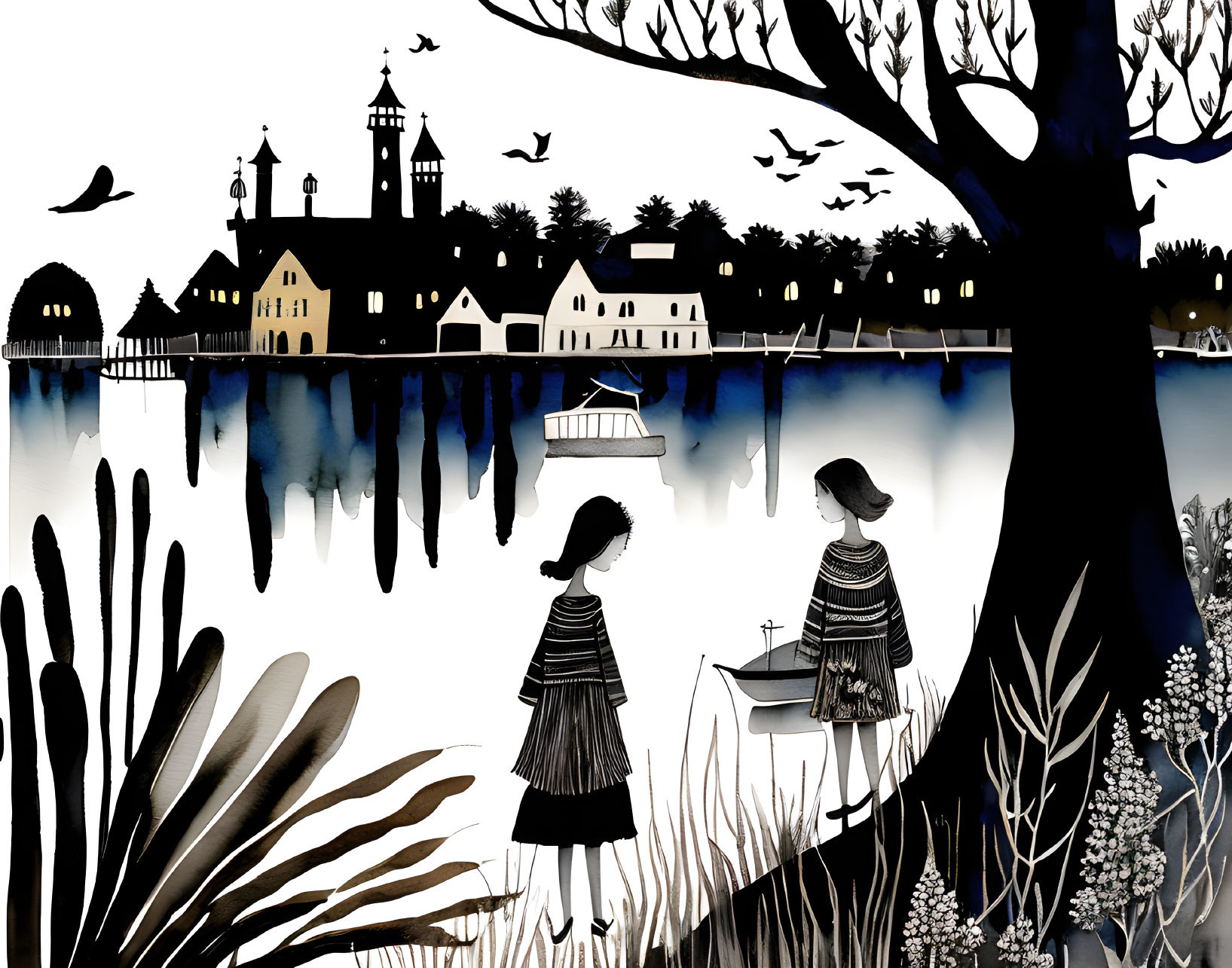 Monochrome illustration of two people by a reflective lake with town backdrop, boats, tree, and birds