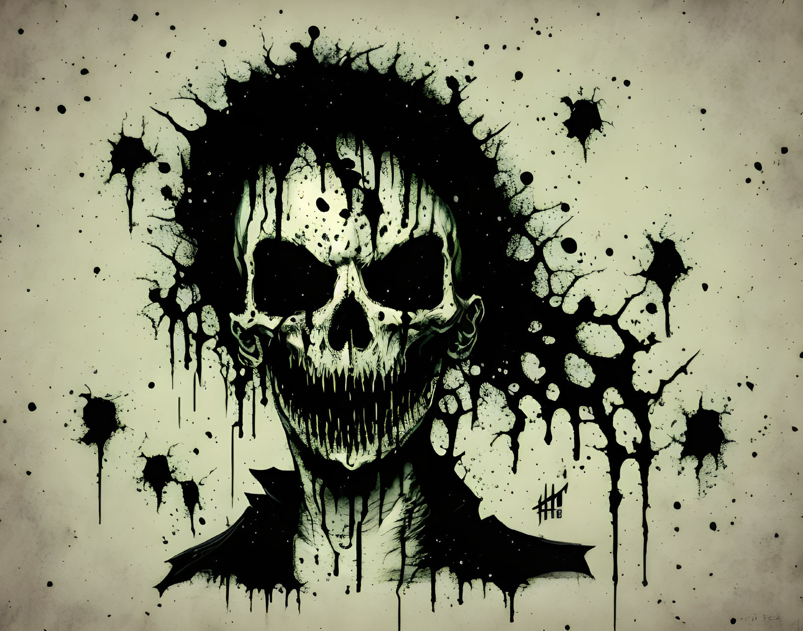 Detailed Skull Illustration with Ink Splatters on Beige Background