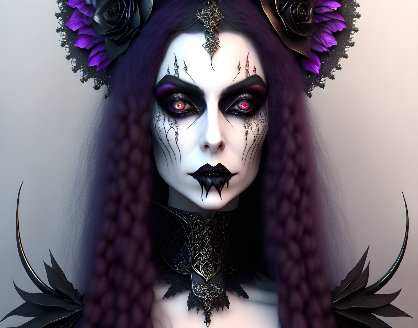 Gothic figure with purple hair, dark makeup, choker, roses, feathers