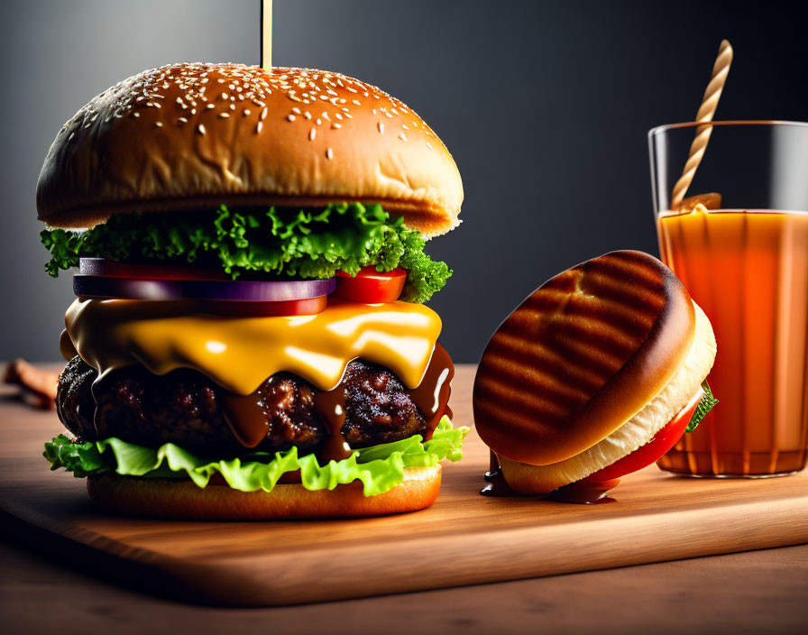 Delicious Cheeseburger with Sandwich and Juice on Wooden Surface