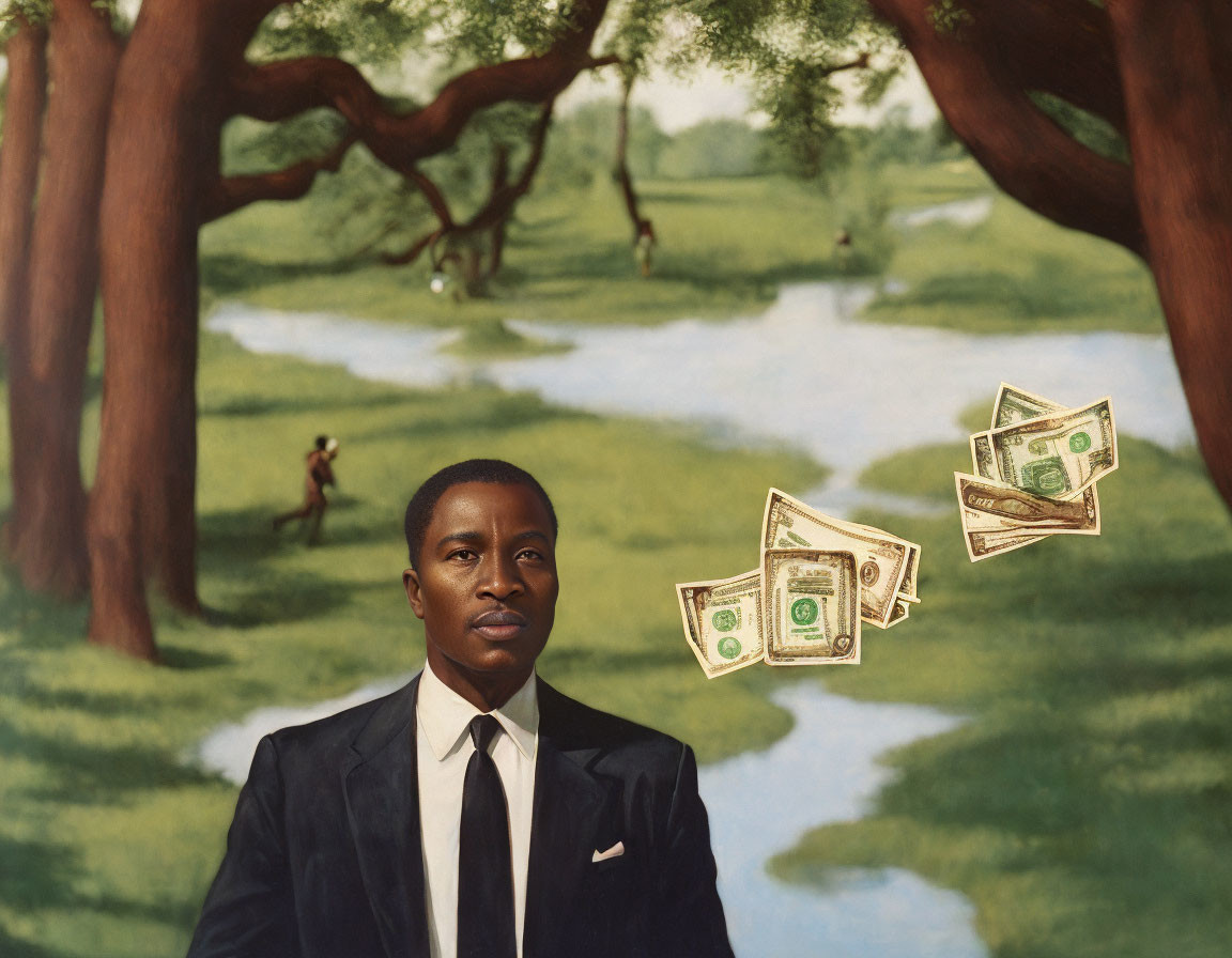 Man in suit surrounded by floating dollar bills in park setting