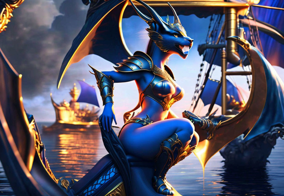 Dragon-humanoid in armor on ship's prow with fleet and sunset.